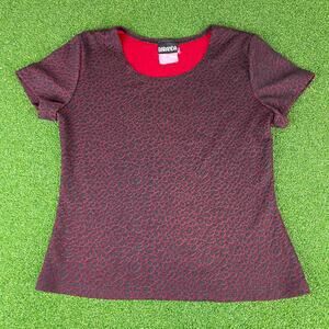 Vtg 90s Y2K Red Black Leopard Top Short Sleeve Fitted Stretch Animal Print Shirt